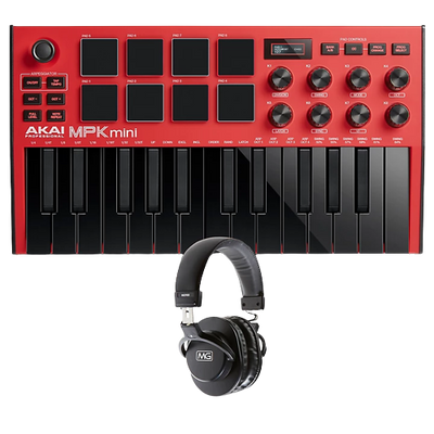 Akai Professional MPK mini mk3 Red Keyboard Controller and Headphones